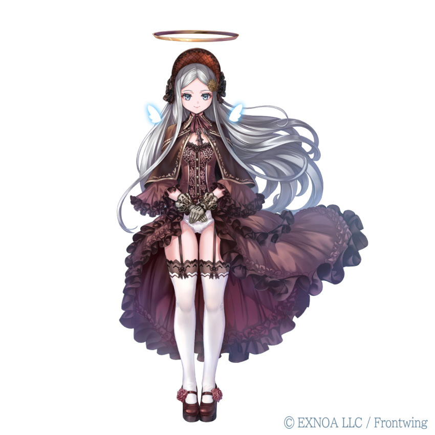 black_footwear, bonnet, capelet, character_request, dennou_tenshi_jibril, dress, eyelashes, full_body, funeral_dress, garter_straps, gothic_lolita, halo, highres, lolita_fashion, long_hair, looking_down, mary_janes, mini_wings, official_art, panties, parted_hair, pondel, shoes, showgirl_skirt, silver_hair, straight_hair, tachi-e, thigh-highs, underwear, white_legwear, white_panties, wings