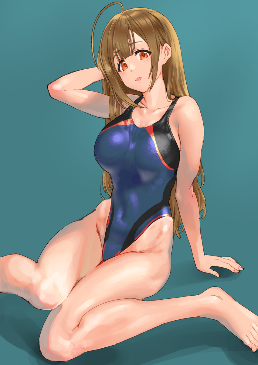 1girl, ahoge, arm_behind_head, blue_background, blue_swimsuit, breasts, brown_eyes, brown_hair