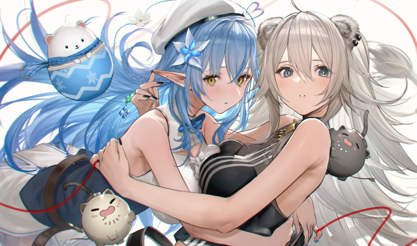 2girls, :o, =_=, absurdres, ahoge, animal_ear_fluff, animal_ears, bangs