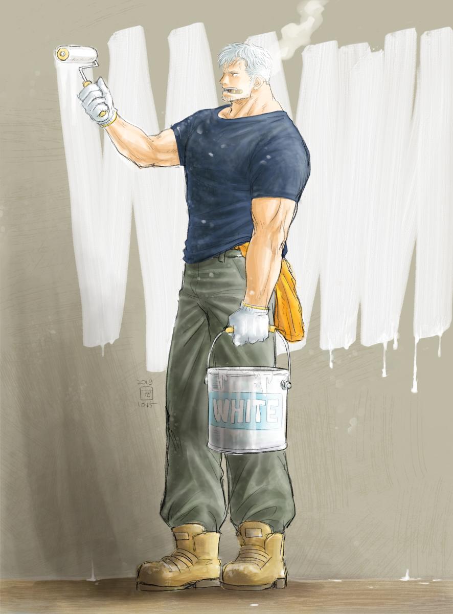 1boy, alternate_costume, alternate_facial_hair, beard, blue_shirt, cigar, facial_hair, from_side