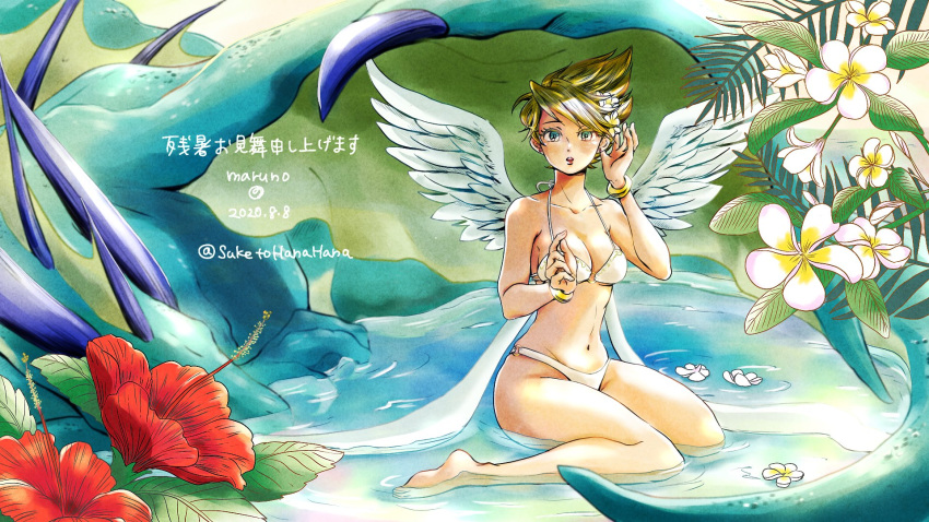 1girl, angel_wings, blonde_hair, bracelet, breasts, breath_of_fire, breath_of_fire_iii, flower, green_eyes, highres, jewelry, looking_at_viewer, maruno, navel, nina_(breath_of_fire_iii), open_mouth, short_hair, solo, spiky_hair, swimsuit, water, wings
