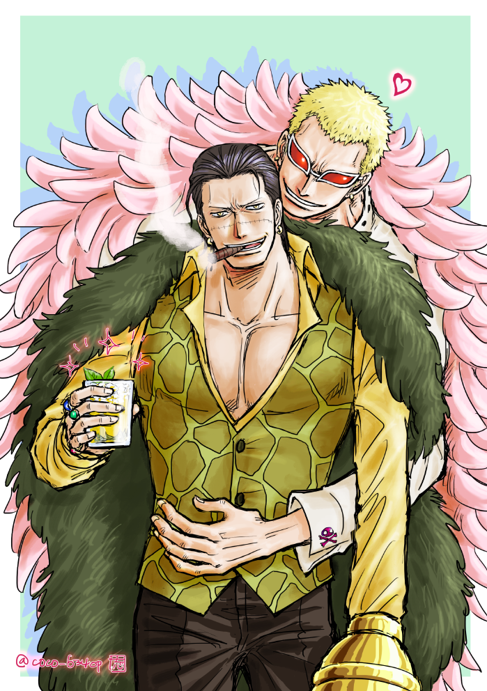 2boys, black_hair, blonde_hair, cigar, cup, dark-skinned_male, dark_skin, donquixote_doflamingo