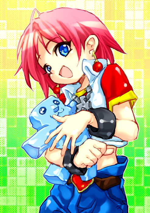 1girl, beauty, belt, blue_eyes, bobobo-bo_bo-bobo, earrings, jeans, jelly_jiggler, jewelry, midriff, pink_hair, shirt, short_hair, smile, solo, standing, stuffed_animal, z4