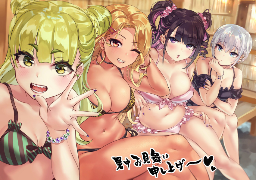 4girls, bikini, black_hair, blonde_hair, blue_eyes, bracelet, breasts, commentary_request
