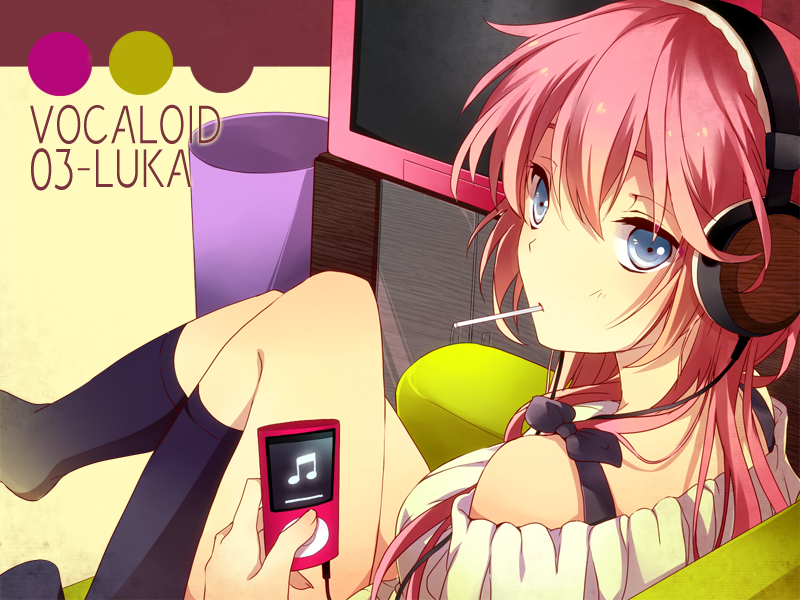 bare_shoulders, blue_eyes, breasts, candy, digital_media_player, headphones, ipod, large_breasts