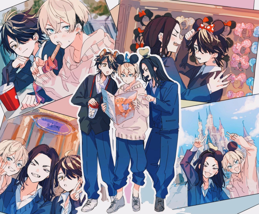 3boys, arm_up, baji_keisuke, black_footwear, black_hair, black_jacket, blonde_hair, blue_jacket