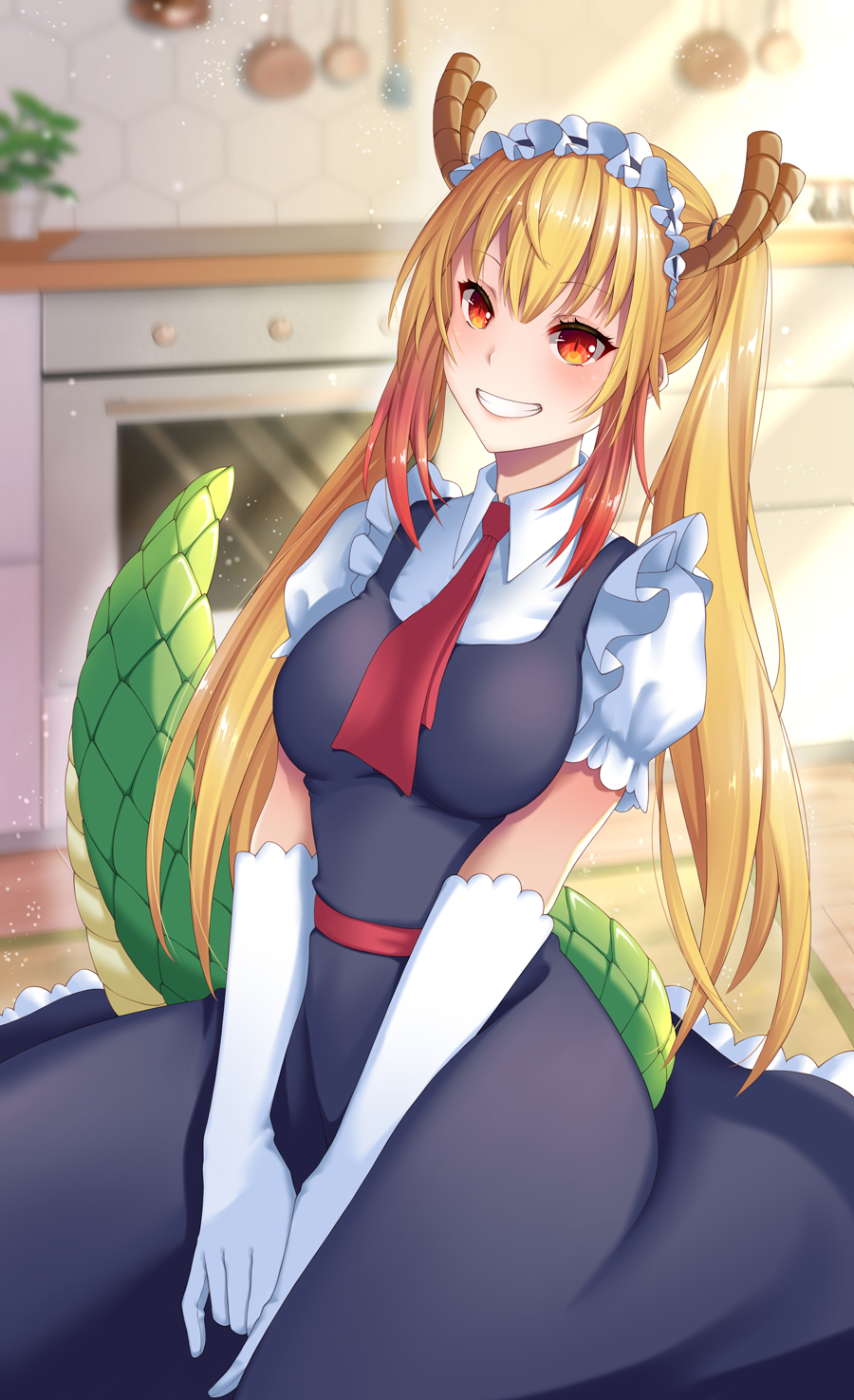 1girl, bangs, blonde_hair, breasts, colored_tips, dragon_girl, dragon_horns, dragon_tail