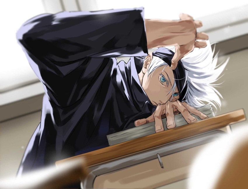 1boy, arm_up, bangs, black_blindfold, black_jacket, blindfold, blindfold_lift, blue_eyes