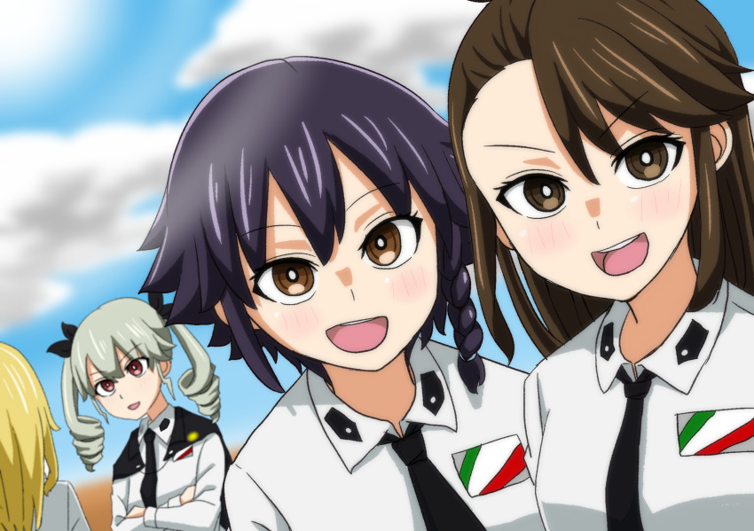 4girls, amaretto_(girls_und_panzer), anchovy_(girls_und_panzer), anzio_school_uniform, asymmetrical_bangs, bangs, black_cape, black_hair