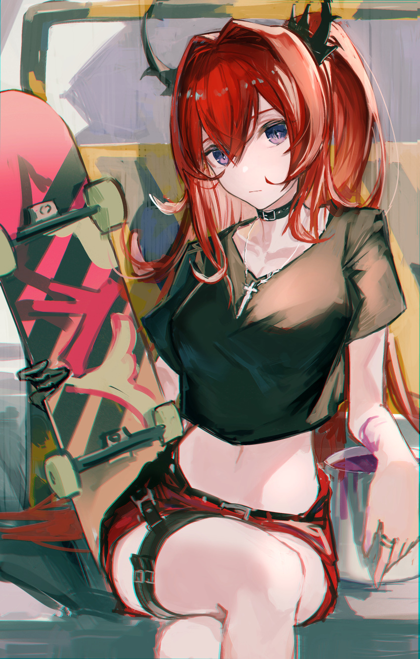 1girl, absurdres, arknights, bangs, belt, belt_collar, black_shirt, collar
