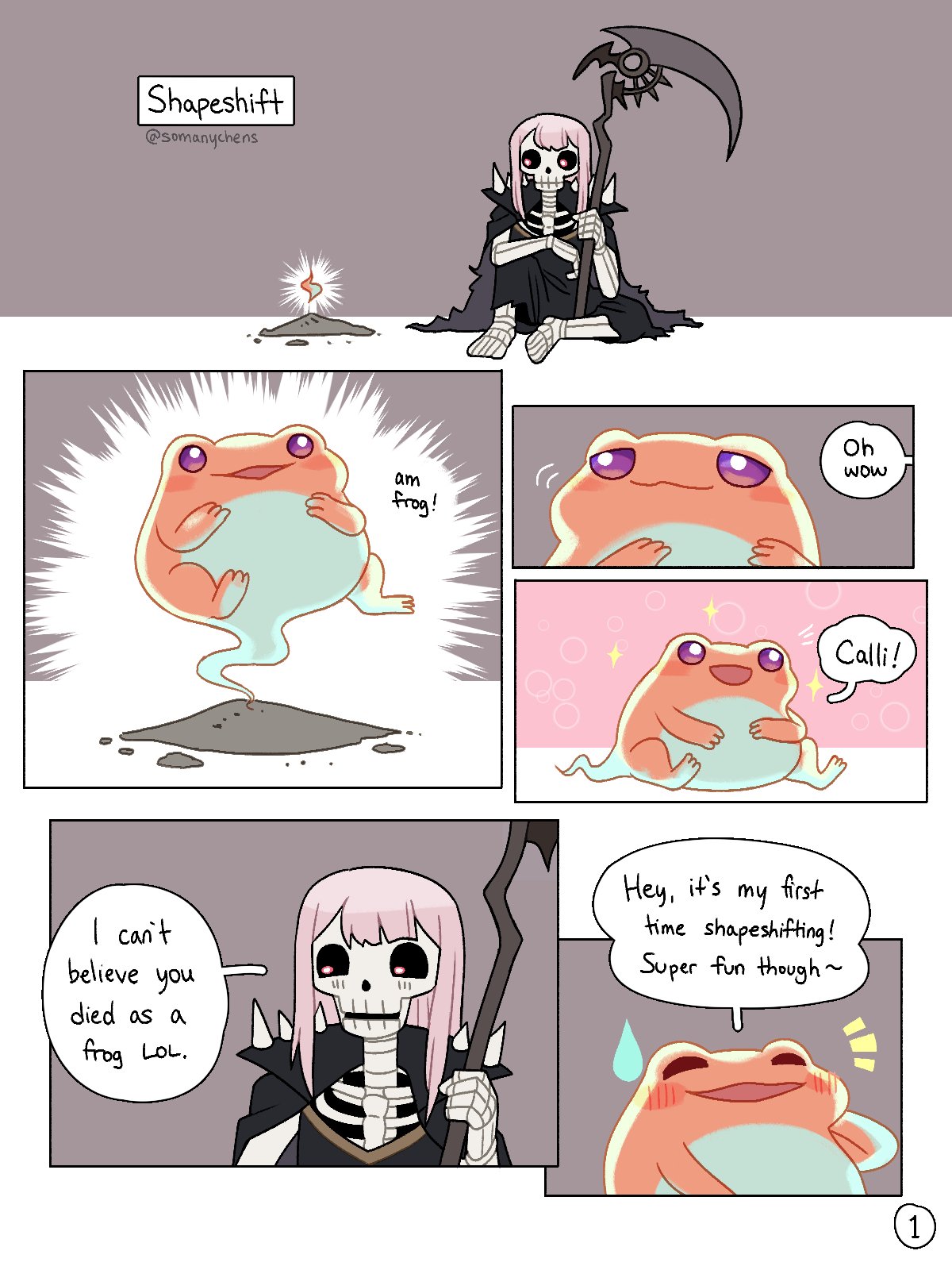 2girls, alternate_form, bone, cape, chen_(somanychens), death_(entity), frog, glowing