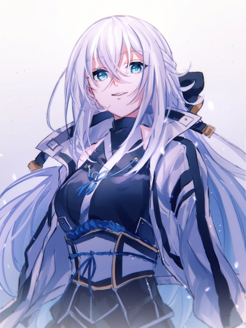 1girl, bangs, black_kimono, black_ribbon, blue_eyes, breasts, commentary, crossed_bangs, eiyuu_densetsu, eyebrows_visible_through_hair, gradient, gradient_background, grey_background, hair_between_eyes, hair_ribbon, hajimari_no_kiseki, haku_wi, highres, jacket, japanese_clothes, kimono, kuro_no_kiseki, long_hair, looking_at_viewer, medium_breasts, obi, open_clothes, open_jacket, parted_lips, ribbon, rope, sash, shizuna_rem_misurugi, silver_hair, simple_background, sleeveless, sleeveless_kimono, smile, solo, tassel, upper_body, white_jacket