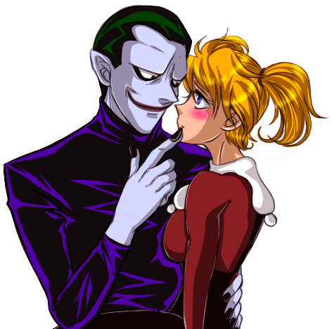 blonde_hair, blue_eyes, blush, bodysuit, couple, dc_comics, green_hair, harley_quinn