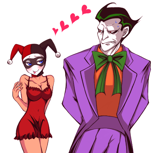 :p, bare_shoulders, blue_eyes, bow_tie, cleavage, couple, dc_comics, formal