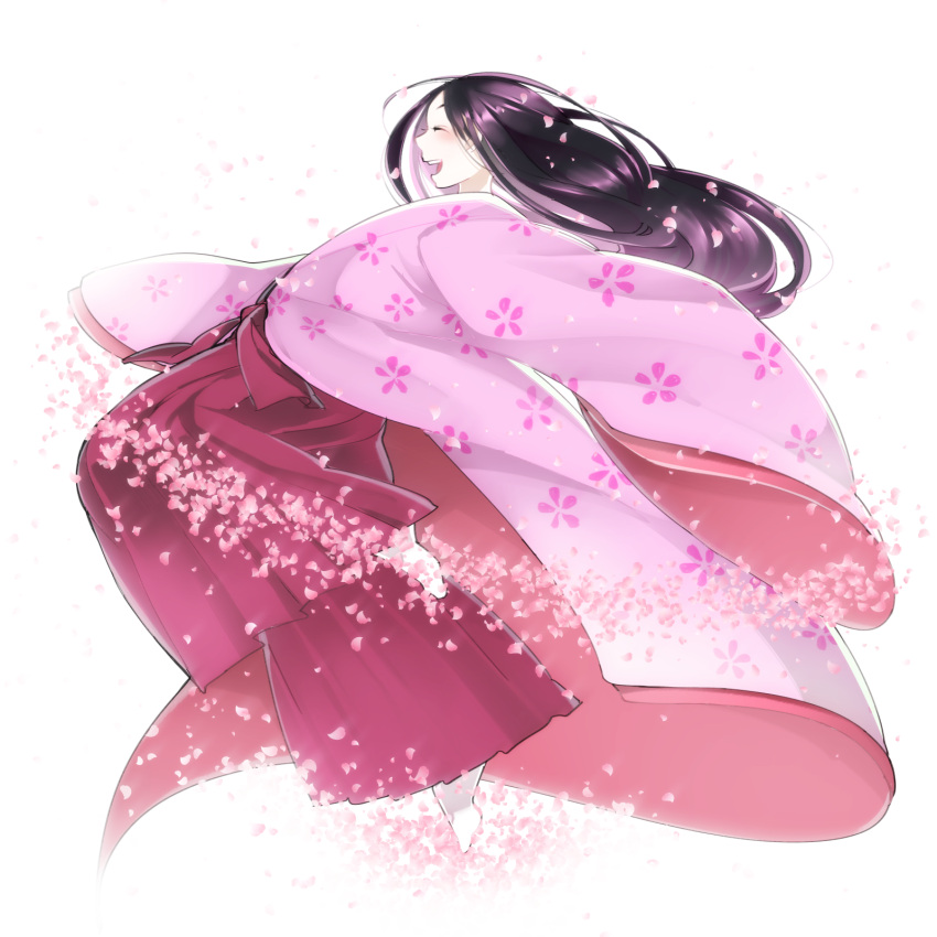 1girl, black_hair, closed_eyes, eyelashes, facing_away, floating_hair, floral_print, foot_up