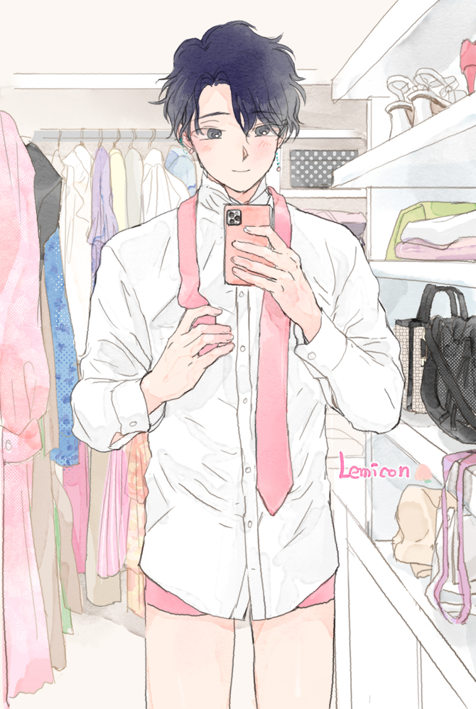 1boy, bag, blue_hair, blush, cellphone, closed_mouth, closet, clothes
