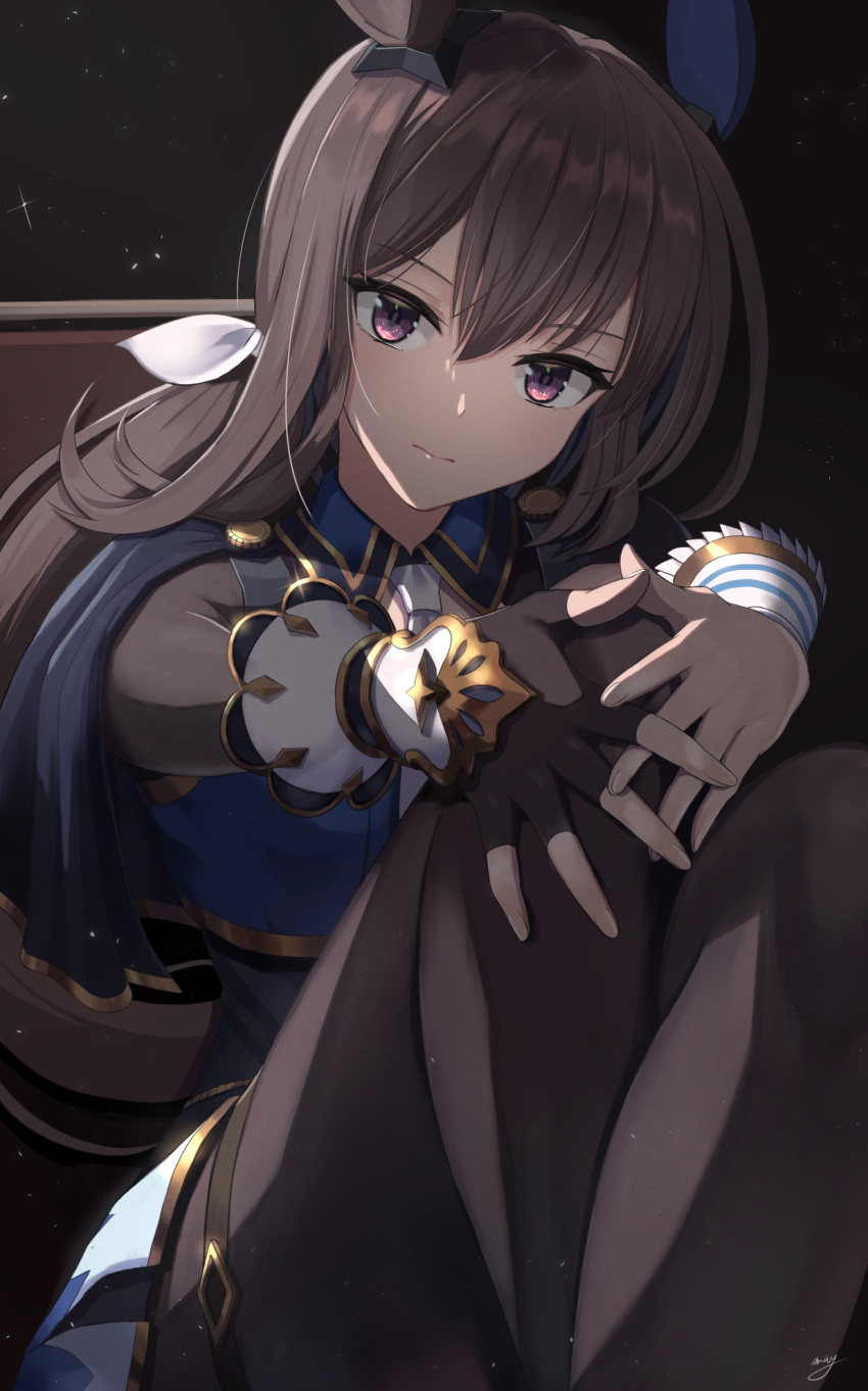 1girl, admire_vega_(umamusume), animal_ears, black_legwear, brown_hair, commentary_request, fingerless_gloves, gloves