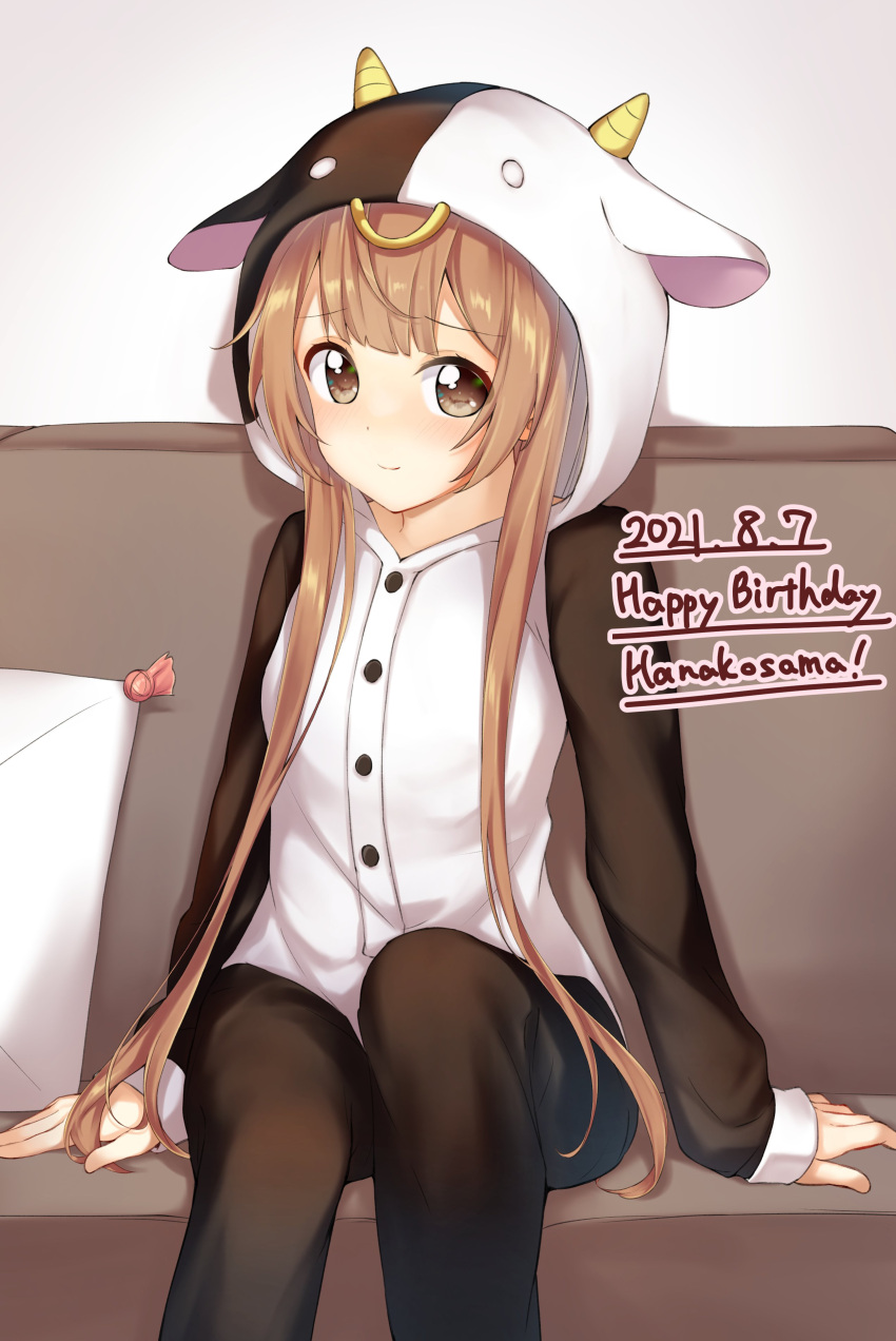 1girl, absurdres, animal_costume, arm_support, bangs, blush, brown_eyes, brown_hair