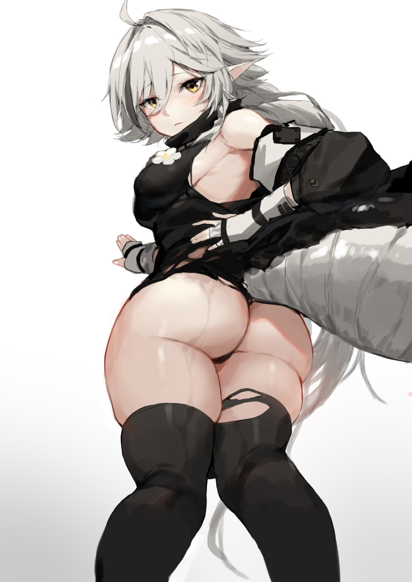 1girl, absurdres, arknights, ass, bangs, bare_shoulders, black_legwear, crocodilian_tail