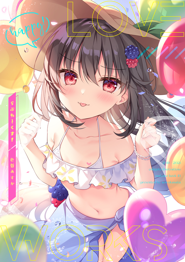 1girl, balloon, bangs, bare_shoulders, bikini, black_hair, blackberry-chan, blackberry_hair_ornament