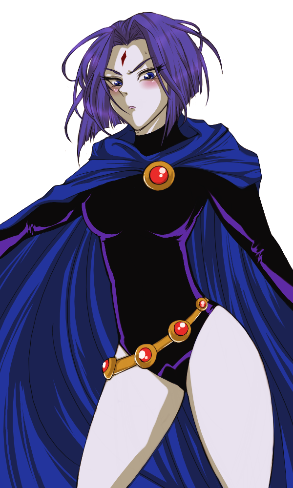 blue_eyes, blush, cape, dc_comics, female, grey_skin, leotard, purple_hair, raven_(teen_titans), short_hair, solo, teen_titans, yamaneko_tora