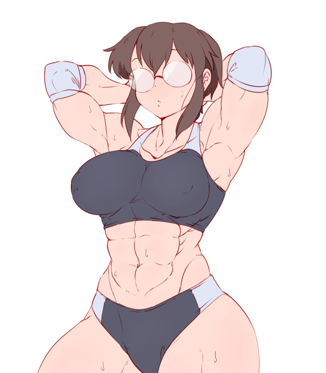 1girl, abs, armpits, breasts, collarbone, covered_nipples, elbow_pads, exercise