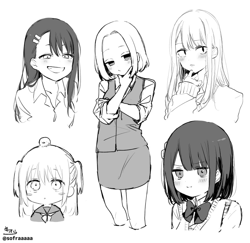 5girls, :o, :t, absurdres, animal_on_head, bangs, bird, blush, blush_stickers, bow, bowtie, chibi, chick, closed_mouth, collared_shirt, cropped_legs, cropped_torso, eyebrows_behind_hair, eyebrows_visible_through_hair, forehead, greyscale, grin, hair_ornament, hairclip, hand_up, highres, ijiranaide_nagatoro-san, imouto_no_tomodachi_ga_nani_kangaeteru_no_ka_wakaranai, kao_ni_denai_kashiwada-san_to_kao_ni_deru_oota-kun, kashiwada-san, long_hair, long_sleeves, mizuno_amane, monochrome, multiple_girls, nagatoro_hayase, on_head, parted_bangs, parted_lips, pout, sailor_collar, sanpakugan-chan_no_ohanashi, school_uniform, senpai_ga_uzai_kouhai_no_hanashi, serafuku, shirt, simple_background, sleeves_past_wrists, smile, sofra, sweater, sweater_vest, tsukishiro_mona_(shiromanta), tsuyu-chan, two_side_up, very_long_hair, white_background