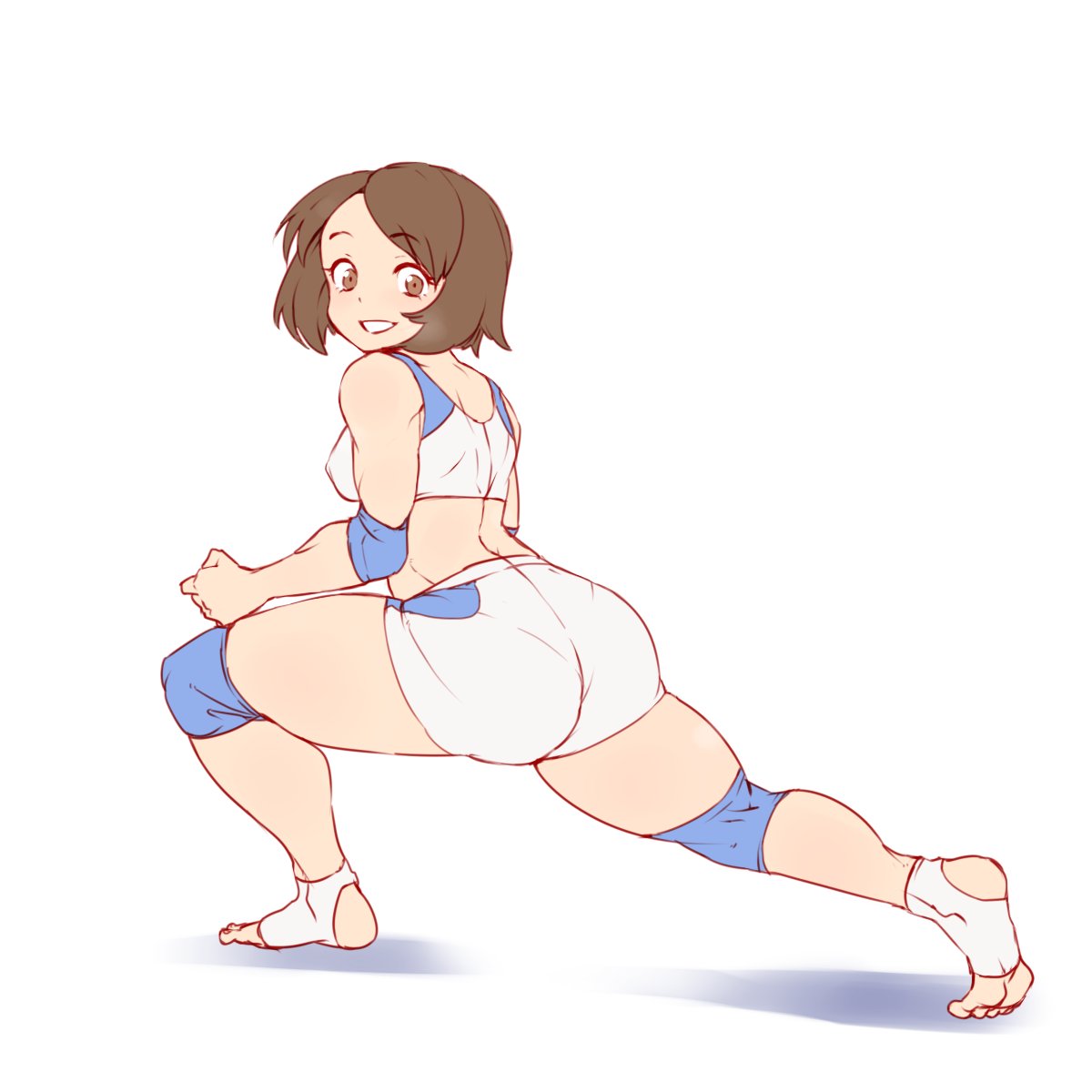 1girl, alternate_muscle_size, ass, bangs, brown_hair, elbow_pads, eyebrows_visible_through_hair, full_body
