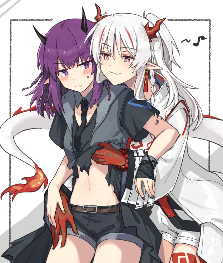 2girls, arknights, bangs, belt, black_nails, black_neckwear, black_shirt, black_shorts