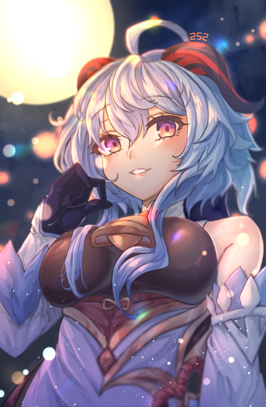 absurdres, ahoge, bangs, bare_shoulders, bell, black_gloves, blue_hair, breasts