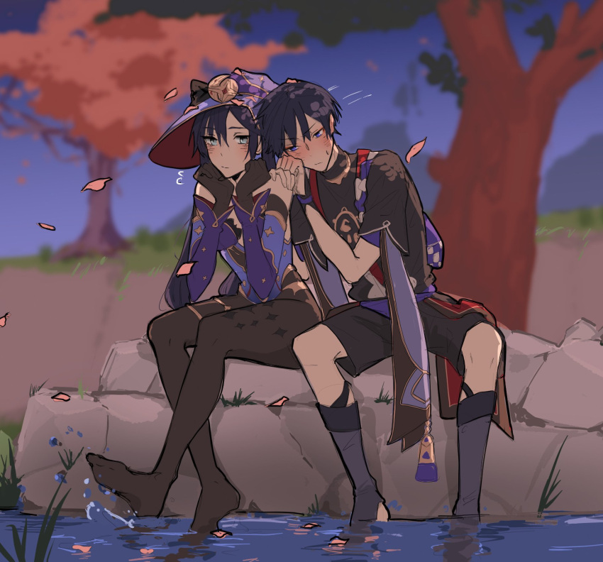 1boy, 1girl, aqua_eyes, armor, artwolfaja, bangs, black_hair, blue_eyes