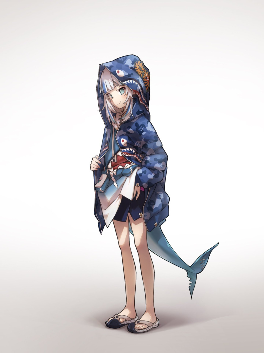 1girl, a_bathing_ape, animal_hood, bangs, barefoot_sandals, blue_eyes, blue_hair, blue_hoodie, blush, camouflage_hoodie, eyebrows_behind_hair, fish_tail, gawr_gura, grey_background, highres, hololive, hololive_english, hood, hoodie, ikonavi_next, multicolored_hair, shark_girl, shark_hood, shark_tail, silver_hair, smile, solo, standing, streaked_hair, tail, virtual_youtuber