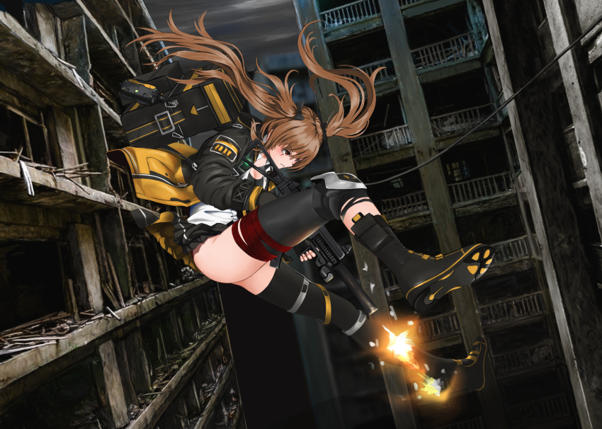 1girl, black_footwear, black_jacket, black_legwear, black_skirt, boots, brown_eyes, brown_hair