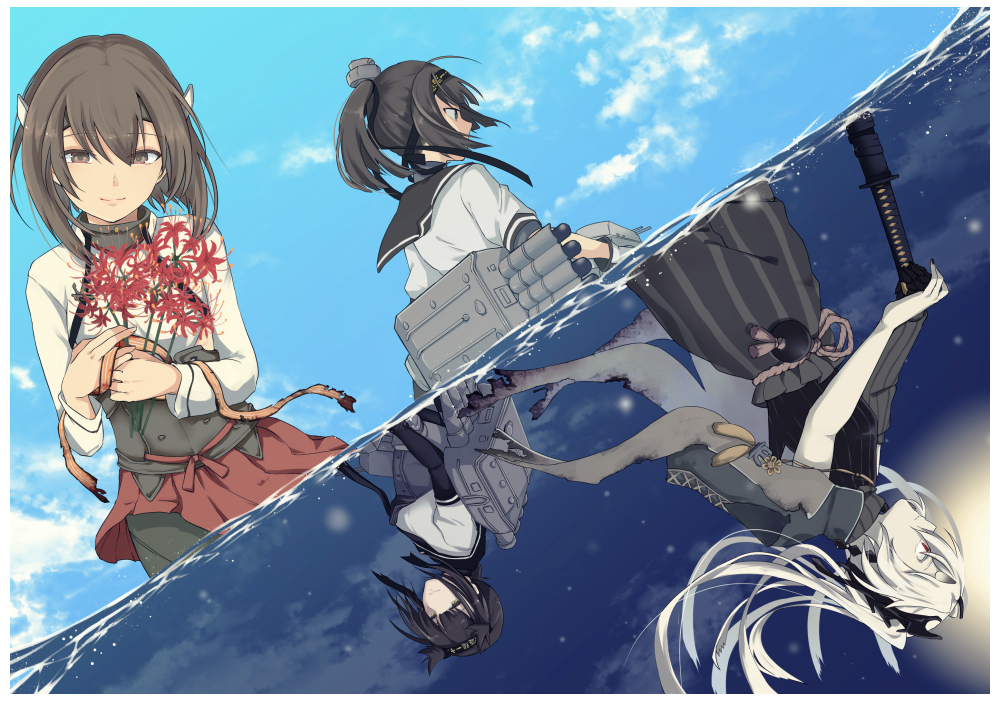 4girls, abyssal_crane_princess, akizuki_(kancolle), bangs, black_bodysuit, black_hair, black_sailor_collar, bodysuit, brown_eyes, brown_hair, closed_mouth, clothes_writing, clouds, flower, gloves, hachimaki, hair_flaps, hatsuzuki_(kancolle), headband, headgear, holding, holding_flower, japanese_clothes, kantai_collection, katana, kouga_(mutsumi), long_hair, multiple_girls, outdoors, pale_skin, red_eyes, red_flower, sailor_collar, short_hair, short_sleeves, sky, smile, spider_lily, striped, sword, taihou_(kancolle), weapon, white_hair
