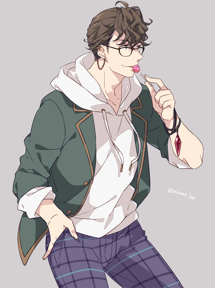 1boy, brown_hair, candy, earrings, food, glasses, granblue_fantasy, green_eyes, green_jacket, grey_background, hooded_shirt, jacket, jewelry, lobelia_(granblue_fantasy), lollipop, male_focus, mame_lde, open_clothes, open_jacket, pants, shirt, short_hair, simple_background, solo, tongue, tongue_out, white_shirt, wristband