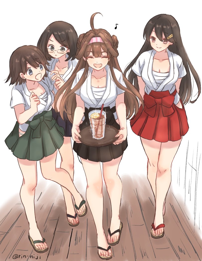 4girls, ahoge, alternate_costume, black_hair, brown_eyes, brown_hair, brown_hakama, commentary_request
