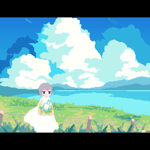 1girl, animated, blue_sky, clouds, cloudy_sky, dress, feet_out_of_frame, fence