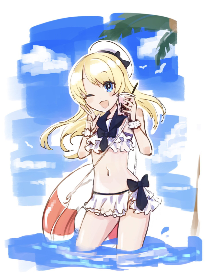 1girl, bangs, bikini, blonde_hair, blue_eyes, bow, clouds, cup, day, disposable_cup, eyebrows_visible_through_hair, hat, highres, holding, holding_cup, innertube, jervis_(kancolle), kantai_collection, long_hair, nikai_kara_momoshio, one-hour_drawing_challenge, one_eye_closed, open_mouth, outdoors, palm_tree, partially_submerged, sky, solo, swimsuit, tree, w, water, white_bikini, white_headwear