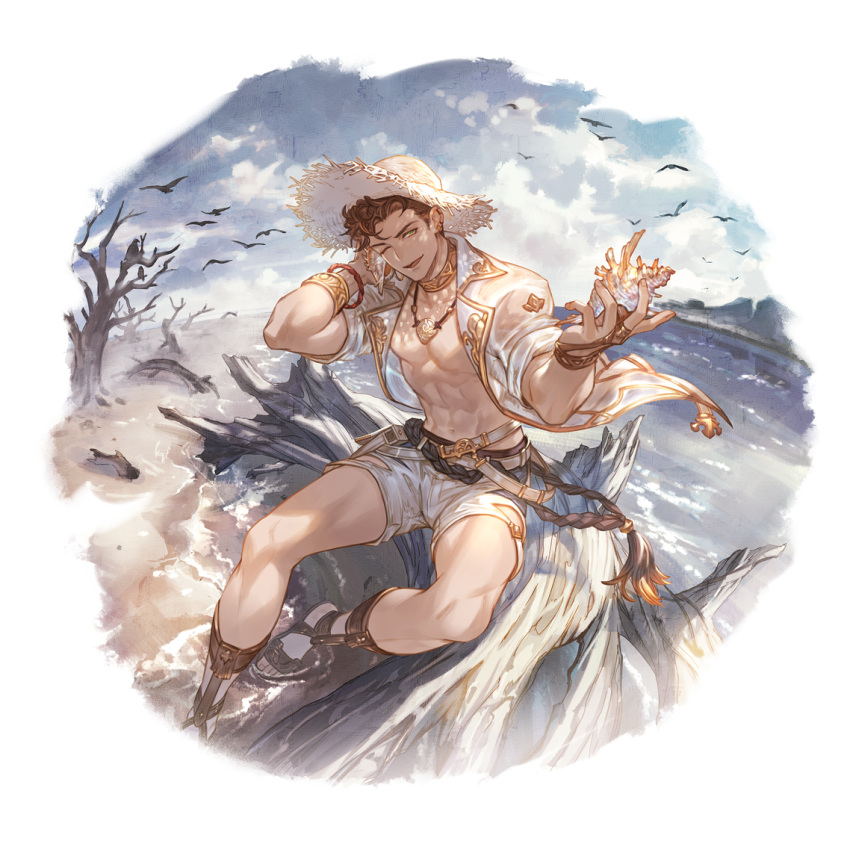 1boy, abs, bare_pectorals, bird, bracelet, brown_hair, choker, clouds