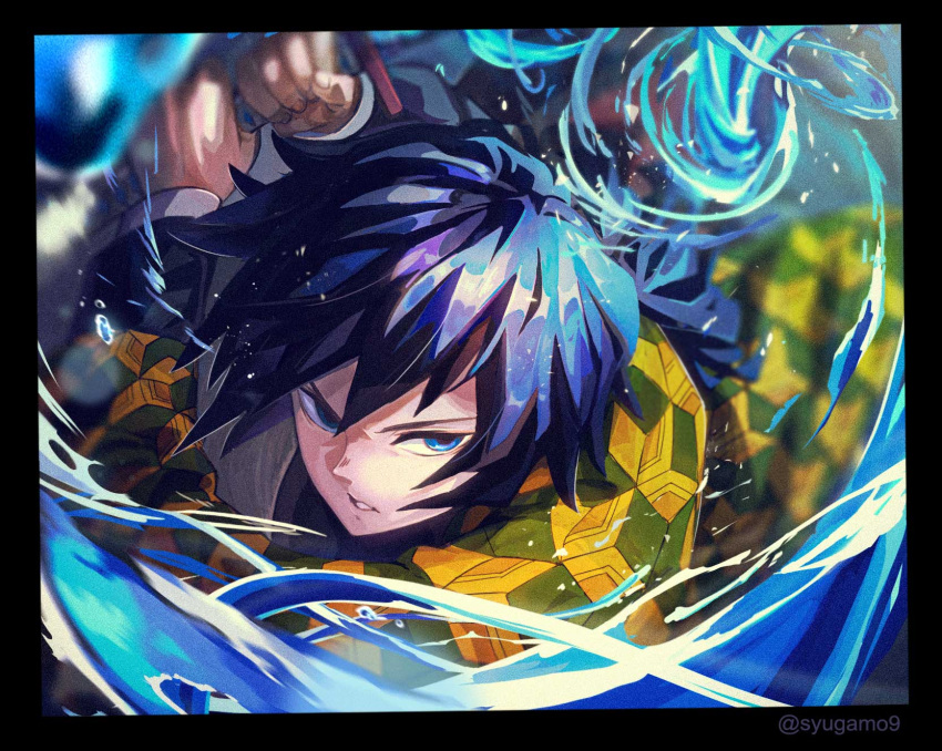 1boy, bangs, black_border, black_hair, black_jacket, blue_eyes, border, fighting_stance