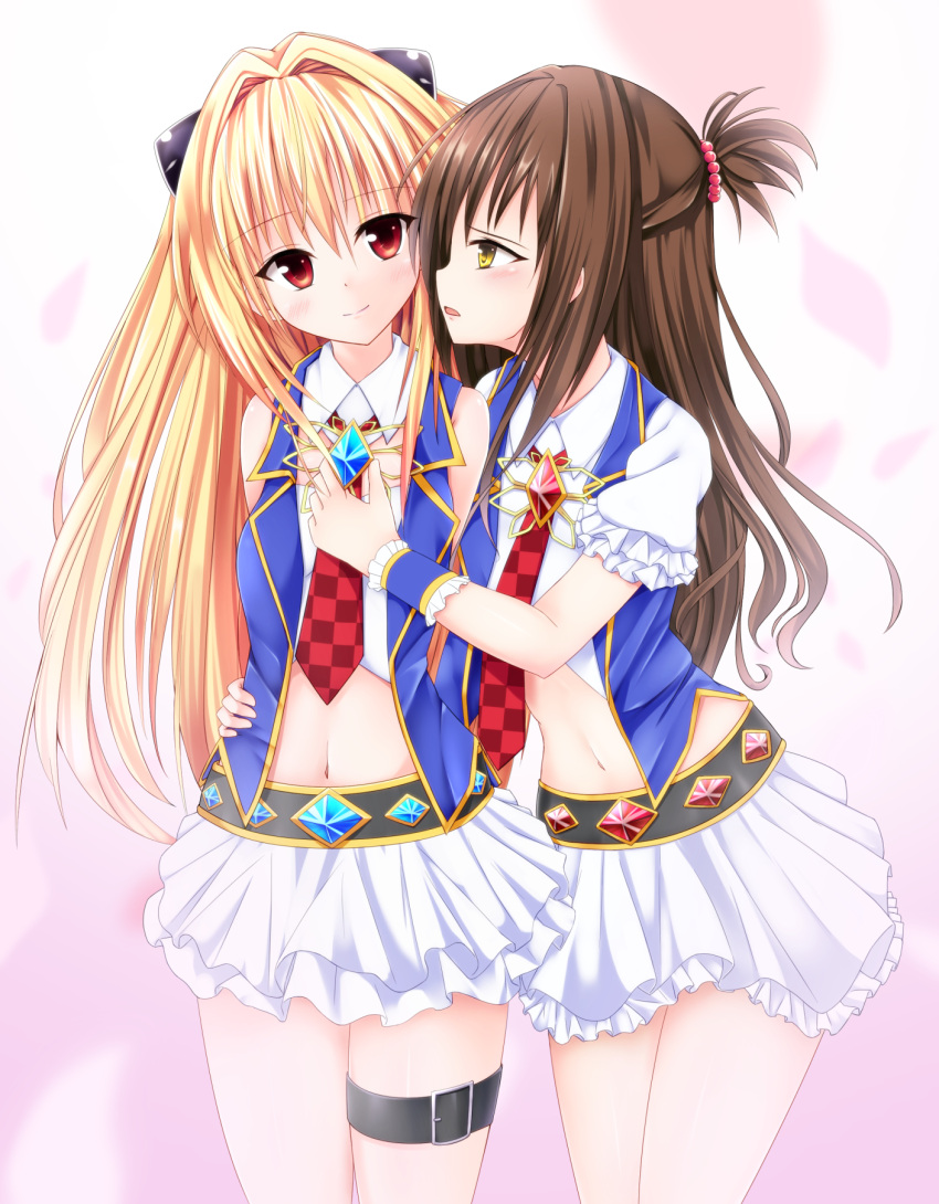 2girls, arm_around_waist, blonde_hair, blush, brown_hair, commentary_request, eye_contact, eyebrows_visible_through_hair, face-to-face, hand_on_another's_chest, harusame_kiruke, highres, konjiki_no_yami, long_hair, looking_at_another, midriff, multiple_girls, navel, necktie, open_mouth, red_eyes, red_neckwear, short_sleeves, skirt, smile, to_love-ru, to_love-ru_darkness, topknot, very_long_hair, white_skirt, yellow_eyes, yuri, yuuki_mikan