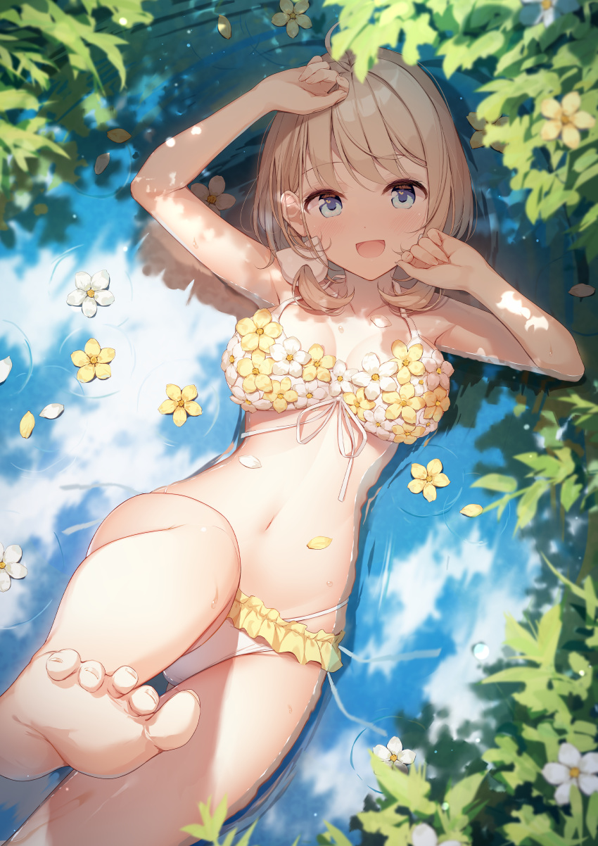 1girl, :d, absurdres, armpits, arms_up, bare_arms, bare_shoulders, barefoot