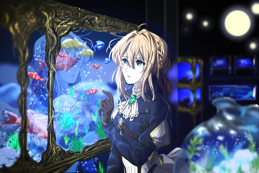 1girl, ahoge, aquarium, ascot, bangs, black_gloves, blonde_hair, blue_eyes, blue_jacket, braid, eyebrows_visible_through_hair, gloves, hair_between_eyes, hair_intakes, hair_ribbon, highres, indoors, jacket, long_hair, long_sleeves, noboo, open_mouth, red_ribbon, ribbon, skirt, solo, violet_evergarden, violet_evergarden_(character), white_neckwear, white_skirt