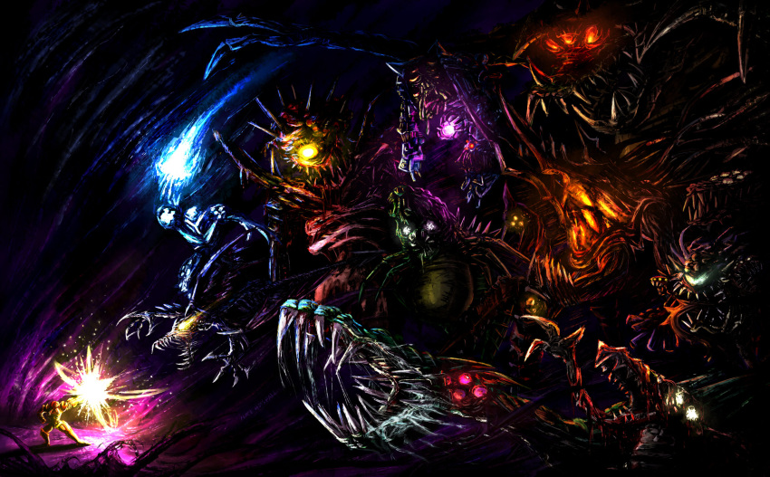 claws, crocomire, dark_samus, draygon, emperor_ing, extra_eyes, glowing, glowing_eyes