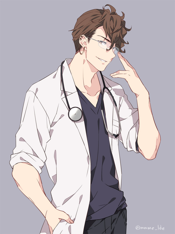 1boy, black_pants, brown_eyes, brown_hair, doctor, earrings, glasses, granblue_fantasy