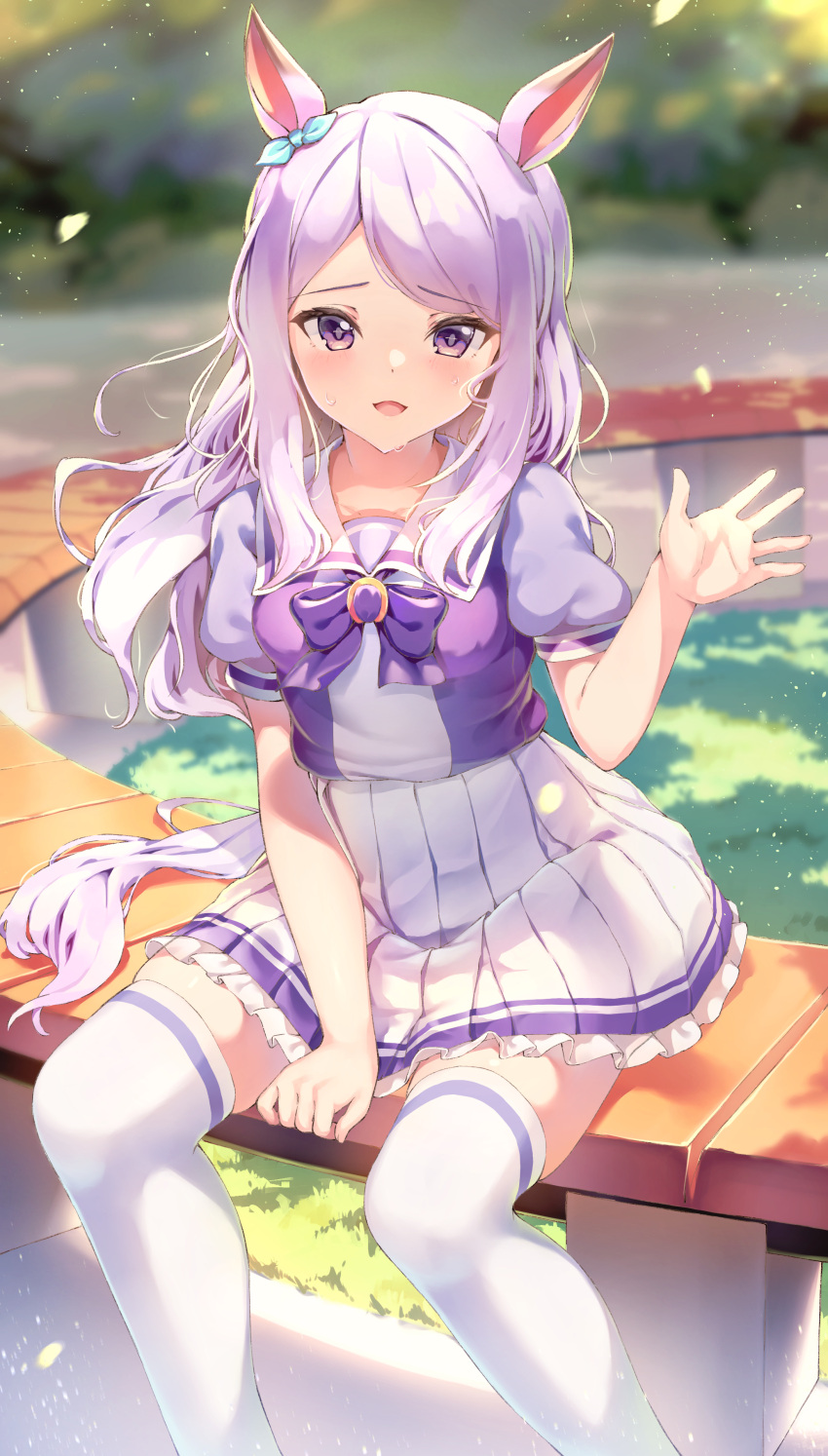 1girl, absurdres, animal_ears, aqua_ribbon, arm_between_legs, bangs, bench, blouse