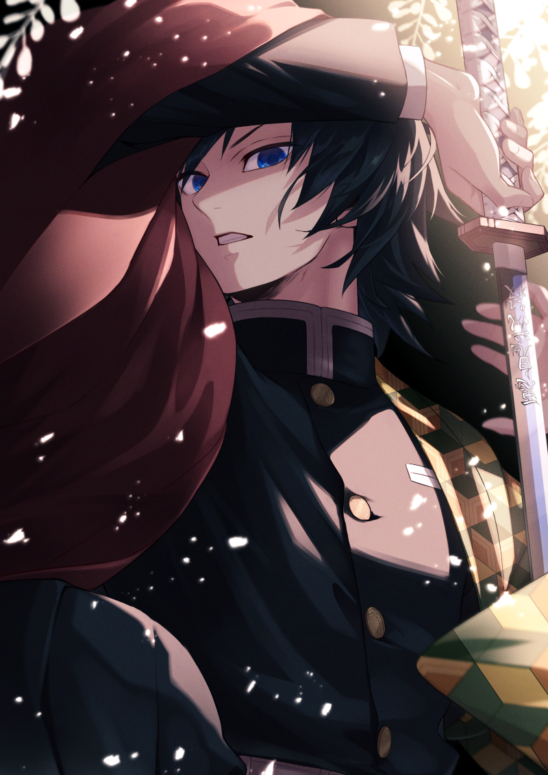 1boy, arm_up, bangs, black_background, black_hair, black_jacket, blue_eyes, falling_petals