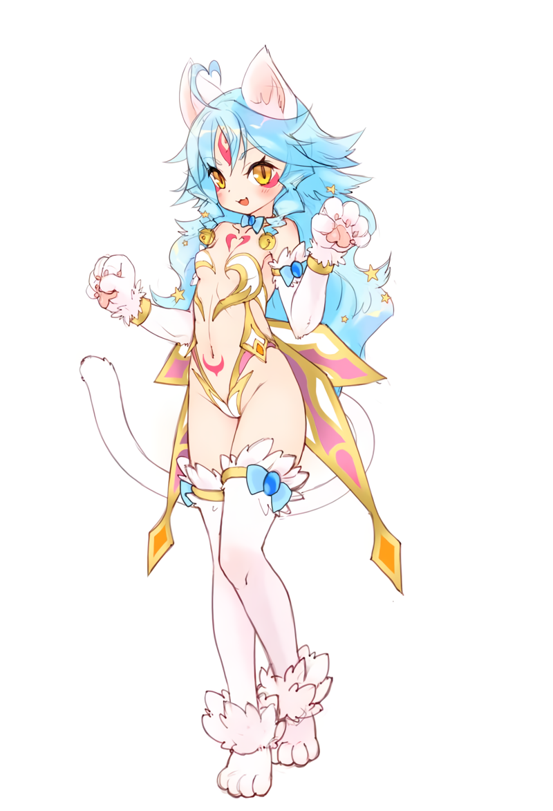 1girl, ahoge, akatsuki_mao, animal_ears, bell, blush, body_markings, breasts, cat_ears, cat_tail, claws, coattails, facial_mark, forehead_mark, full_body, fur, hair_bell, hair_ornament, harem_night_~futari_no_neko_to_okosamazukuri!?~, heart_ahoge, light_blue_hair, long_hair, official_art, open_clothes, open_mouth, pawpads, photoshop_(medium), simple_background, slit_pupils, small_breasts, solo, star_(symbol), star_hair_ornament, tail, vanille_(harem_night), white_background, yellow_eyes
