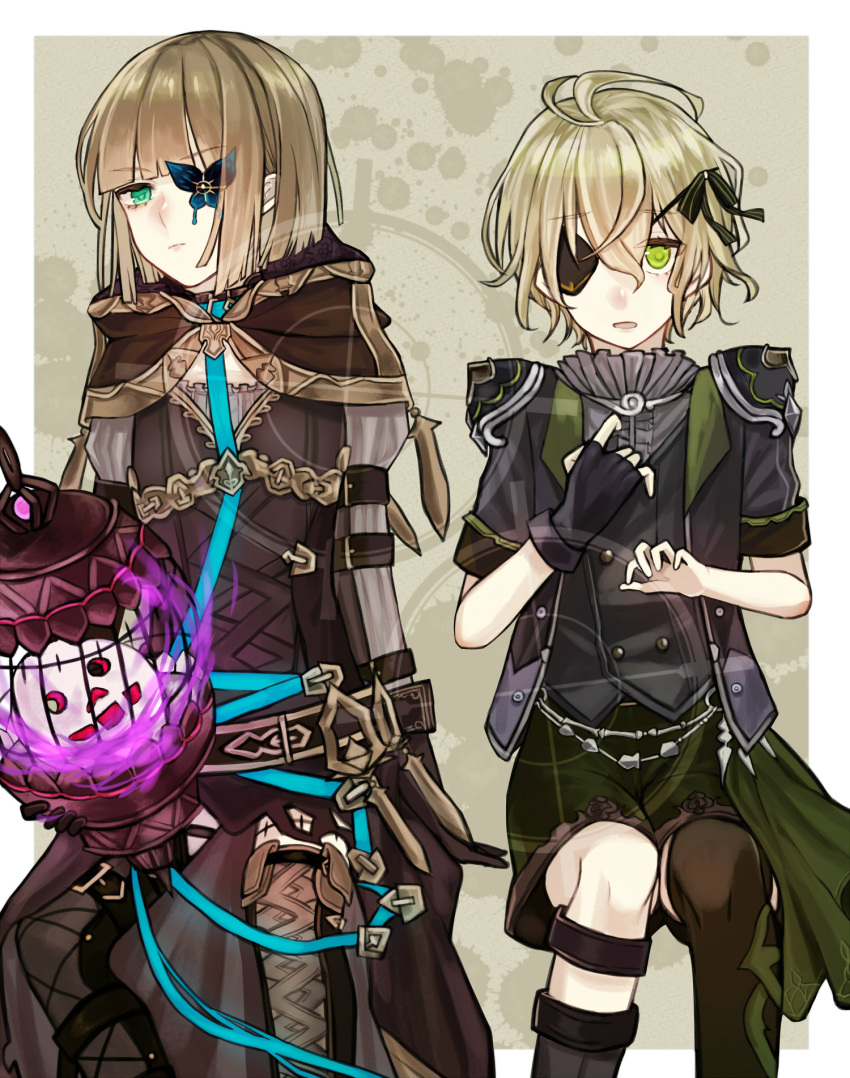 2boys, :o, antenna_hair, asymmetrical_legwear, bangs, black_gloves, black_jacket, blue_butterfly