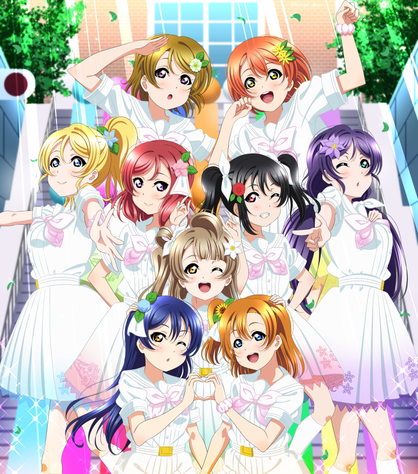 6+girls, :d, :o, a_song_for_you!_you?_you!, absurdres, ayase_eli, bangs, black_hair, blonde_hair, blue_eyes, blue_flower, blue_hair, blurry, blurry_background, blush, bow, brown_hair, closed_mouth, collared_shirt, day, dress, flower, grin, hair_between_eyes, hair_bow, hair_flower, hair_ornament, hand_on_another's_head, heart, heart_hands, heart_hands_duo, high_ponytail, highres, hoshizora_rin, huge_filesize, isami_don, kneehighs, koizumi_hanayo, kousaka_honoka, long_hair, looking_at_viewer, love_live!, love_live!_school_idol_project, low_twintails, minami_kotori, multiple_girls, nishikino_maki, one_eye_closed, open_mouth, outdoors, pleated_dress, purple_flower, purple_hair, red_eyes, red_flower, redhead, sailor_collar, sailor_shirt, school_uniform, serafuku, shiny, shiny_hair, shirt, short_dress, short_hair, side_ponytail, smile, sonoda_umi, sparkle, sunflower, sunlight, swept_bangs, toujou_nozomi, twintails, violet_eyes, white_bow, white_dress, white_flower, white_legwear, white_neckwear, white_sailor_collar, white_shirt, yazawa_nico, yellow_eyes, yellow_flower